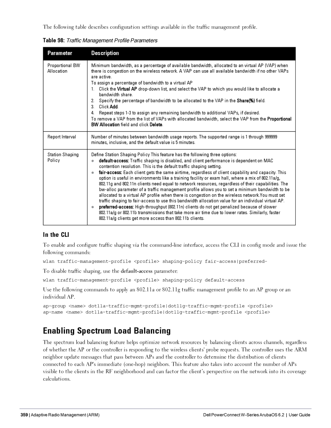 Dell 6.2 manual Enabling Spectrum Load Balancing, To disable traffic shaping, use the default-accessparameter 