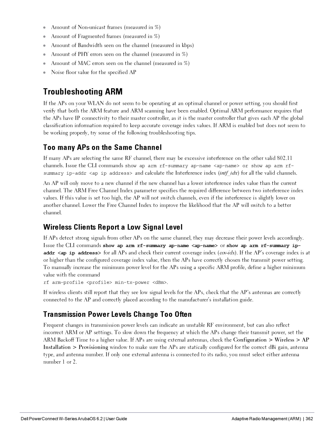 Dell 6.2 manual Troubleshooting ARM, Too many APs on the Same Channel, Wireless Clients Report a Low Signal Level 