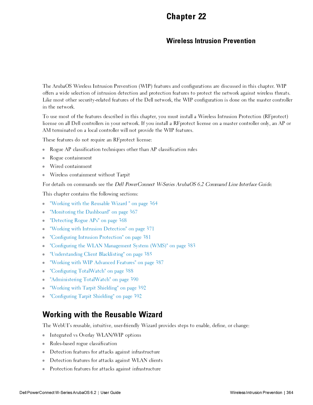 Dell 6.2 Working with the Reusable Wizard, Wireless Intrusion Prevention, This chapter contains the following sections 