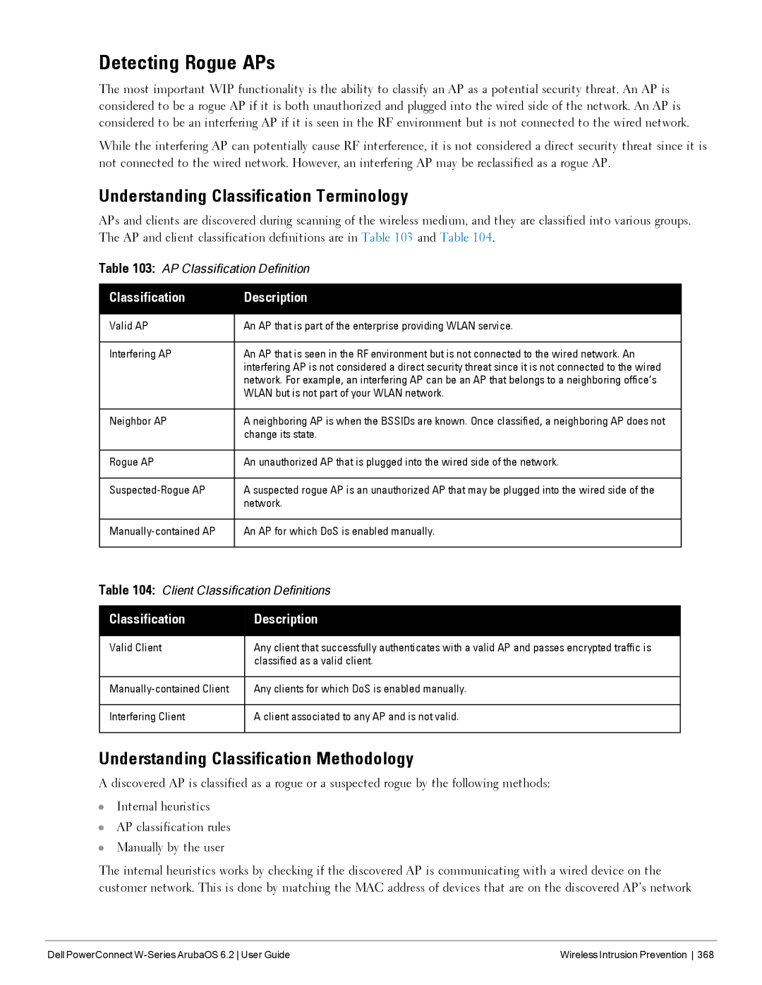 Dell 6.2 manual Detecting Rogue APs, Understanding Classification Terminology, Understanding Classification Methodology 