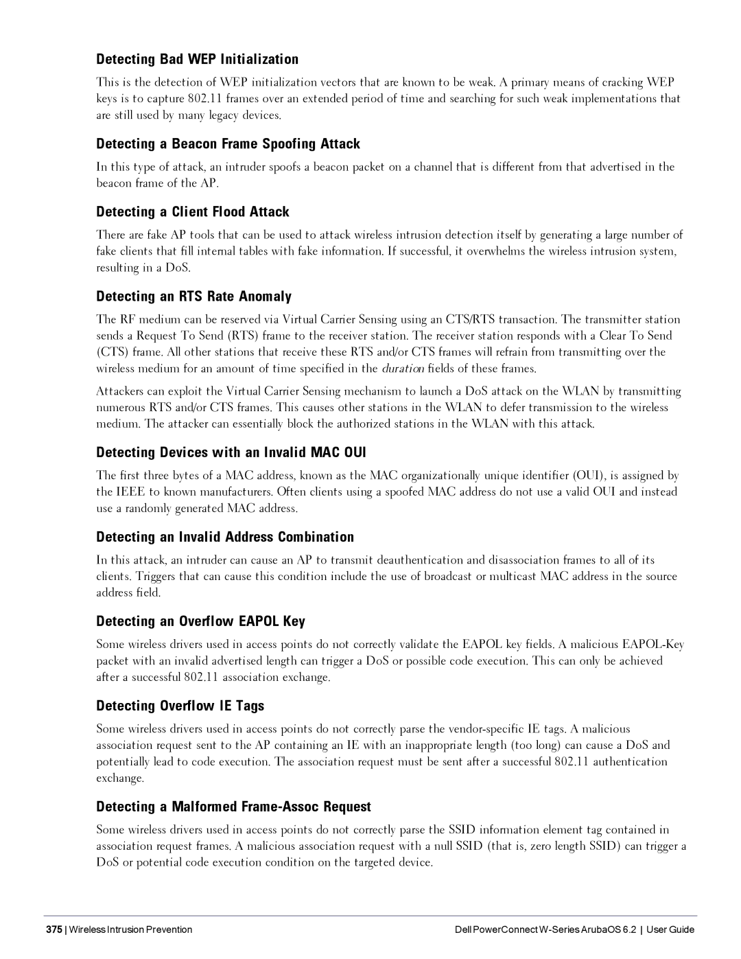 Dell 6.2 manual Detecting Bad WEP Initialization, Detecting a Beacon Frame Spoofing Attack, Detecting a Client Flood Attack 