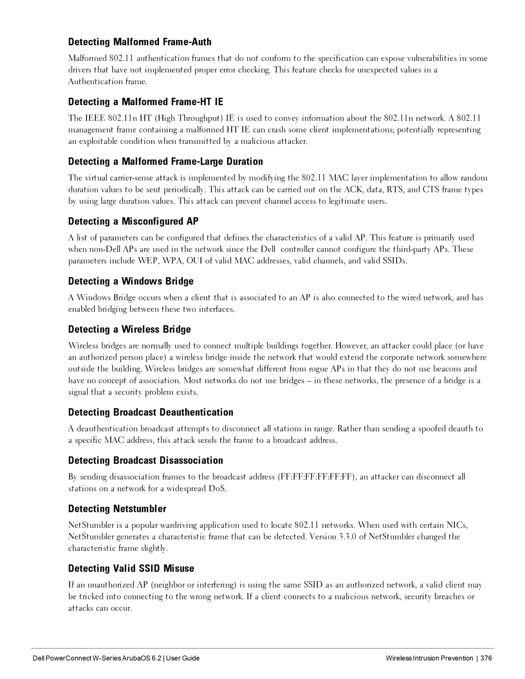 Dell 6.2 Detecting Malformed Frame-Auth, Detecting a Malformed Frame-HT IE, Detecting a Malformed Frame-Large Duration 