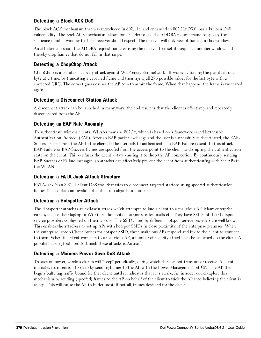 Dell 6.2 manual Detecting a Block ACK DoS, Detecting a ChopChop Attack, Detecting a Disconnect Station Attack 