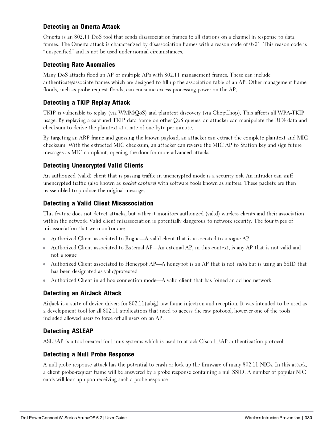 Dell 6.2 Detecting an Omerta Attack, Detecting Rate Anomalies, Detecting a Tkip Replay Attack, Detecting an AirJack Attack 