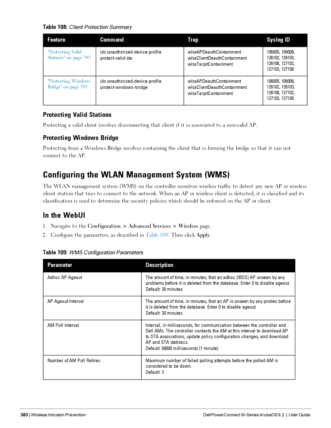 Dell 6.2 manual Configuring the Wlan Management System WMS, Protecting Valid Stations, Protecting Windows Bridge 