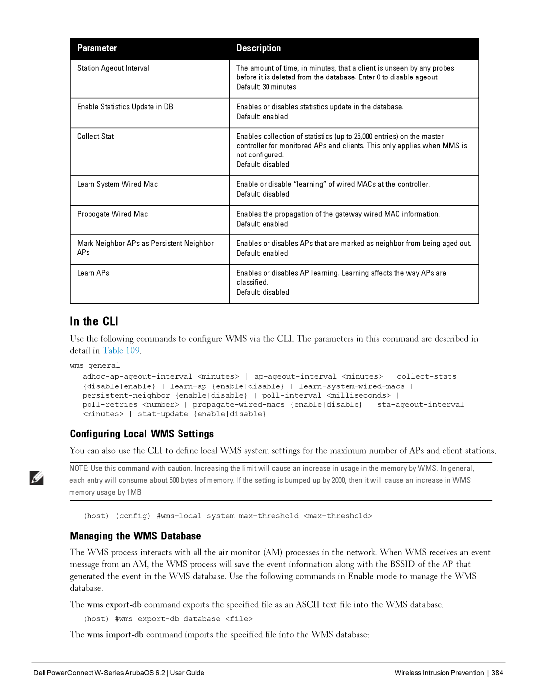 Dell 6.2 manual Configuring Local WMS Settings, Managing the WMS Database, Station Ageout Interval, Not configured 