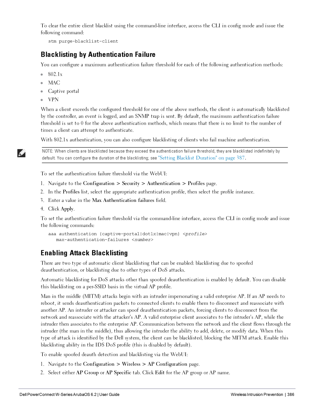 Dell 6.2 manual Blacklisting by Authentication Failure, Enabling Attack Blacklisting, Captive portal 