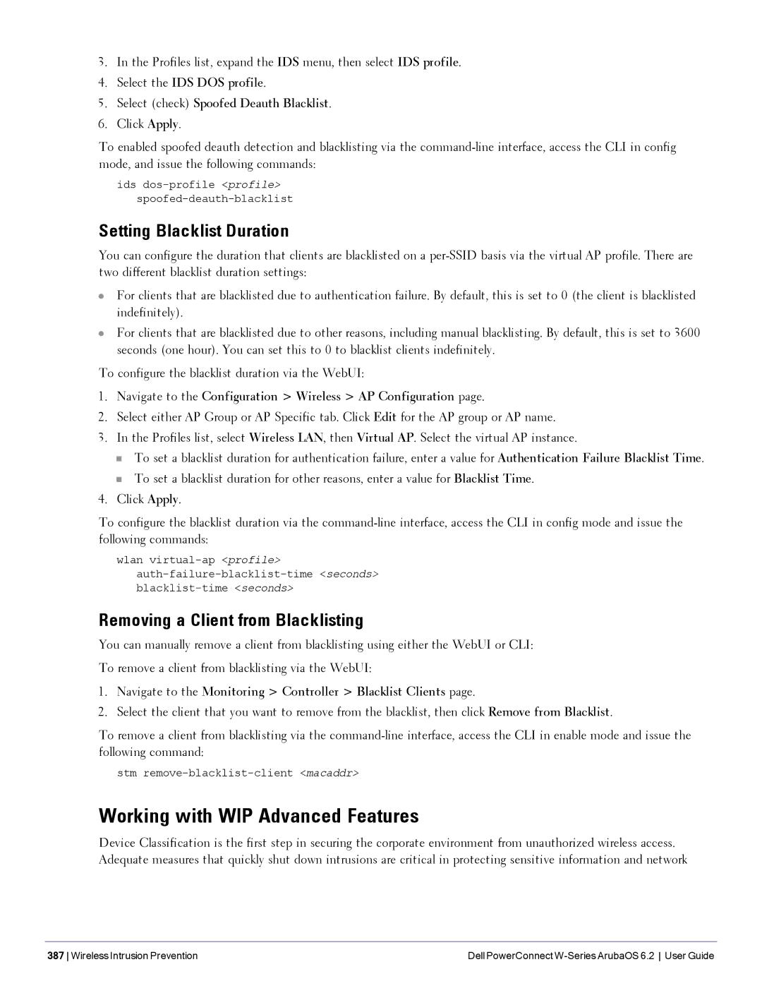 Dell 6.2 manual Working with WIP Advanced Features, Setting Blacklist Duration, Removing a Client from Blacklisting 