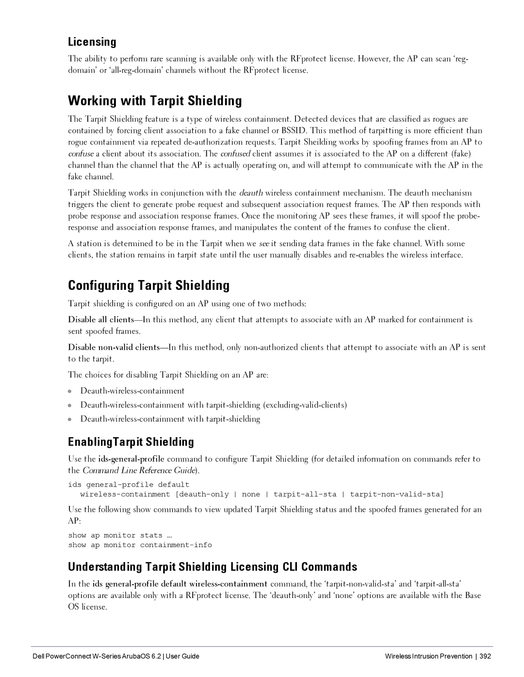 Dell 6.2 manual Working with Tarpit Shielding, Configuring Tarpit Shielding, Licensing, EnablingTarpit Shielding 