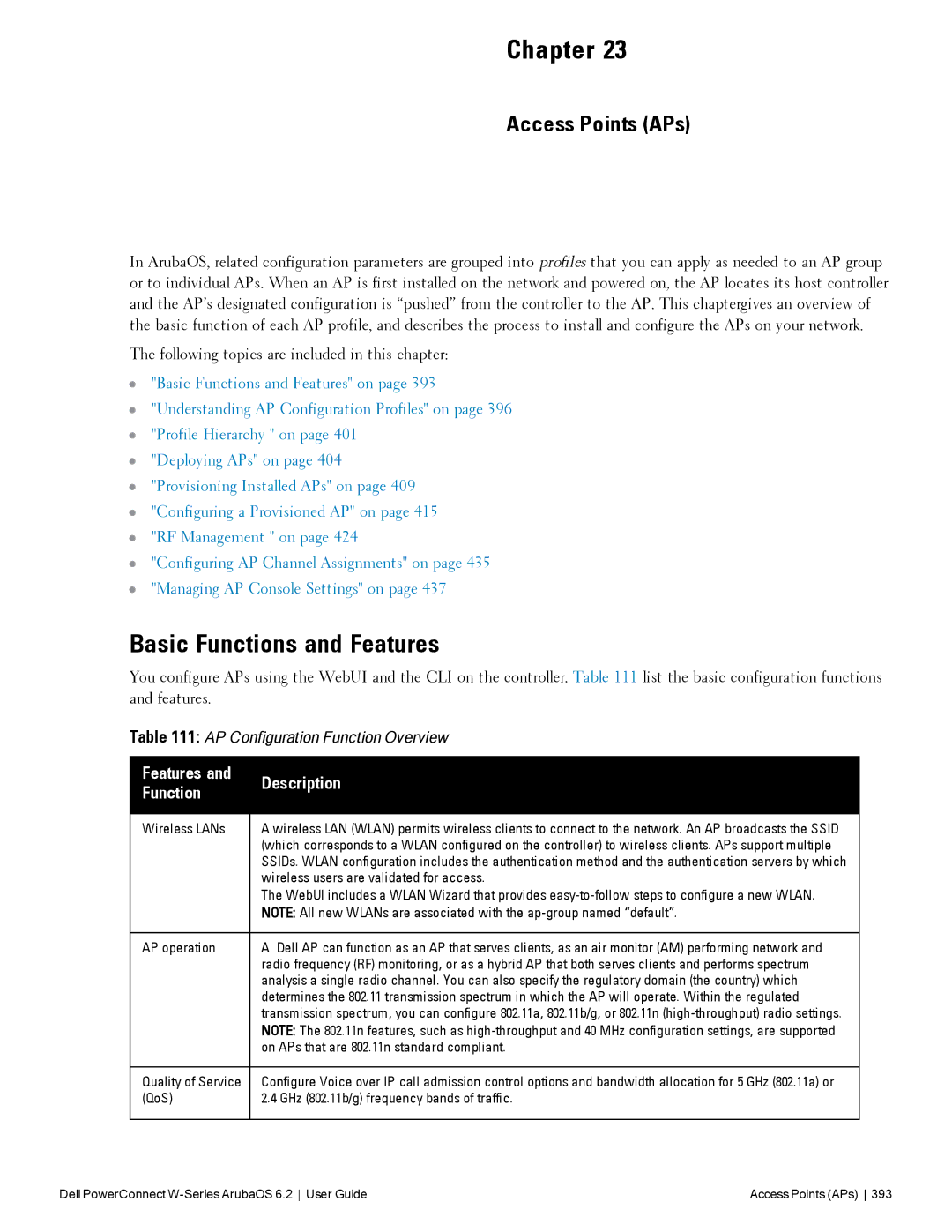 Dell 6.2 manual Basic Functions and Features, Access Points APs, Following topics are included in this chapter 