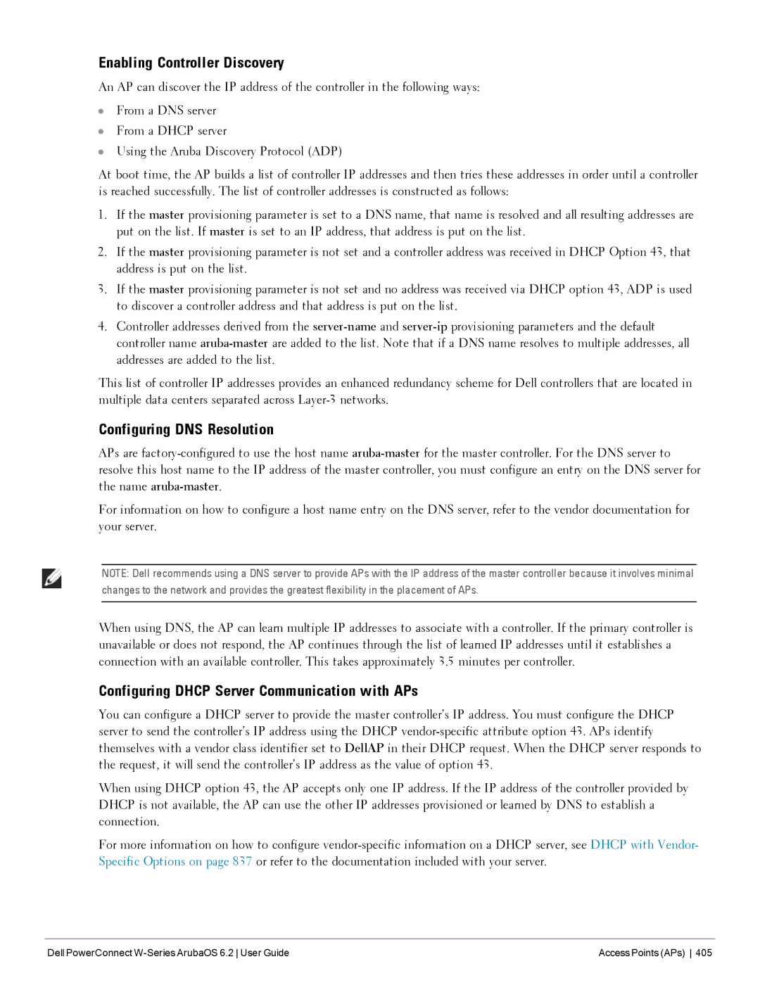 Dell 6.2 manual Enabling Controller Discovery, Configuring DNS Resolution, Configuring Dhcp Server Communication with APs 