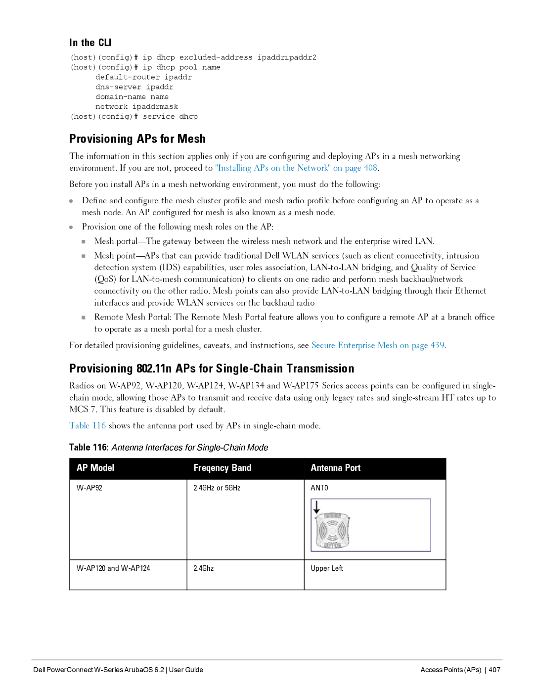 Dell 6.2 manual Provisioning APs for Mesh, Provisioning 802.11n APs for Single-Chain Transmission, AP92 4GHz or 5GHz 