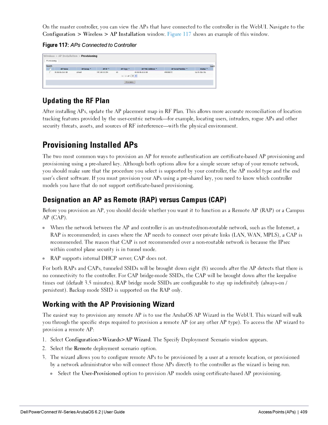 Dell 6.2 manual Provisioning Installed APs, Updating the RF Plan, Designation an AP as Remote RAP versus Campus CAP 