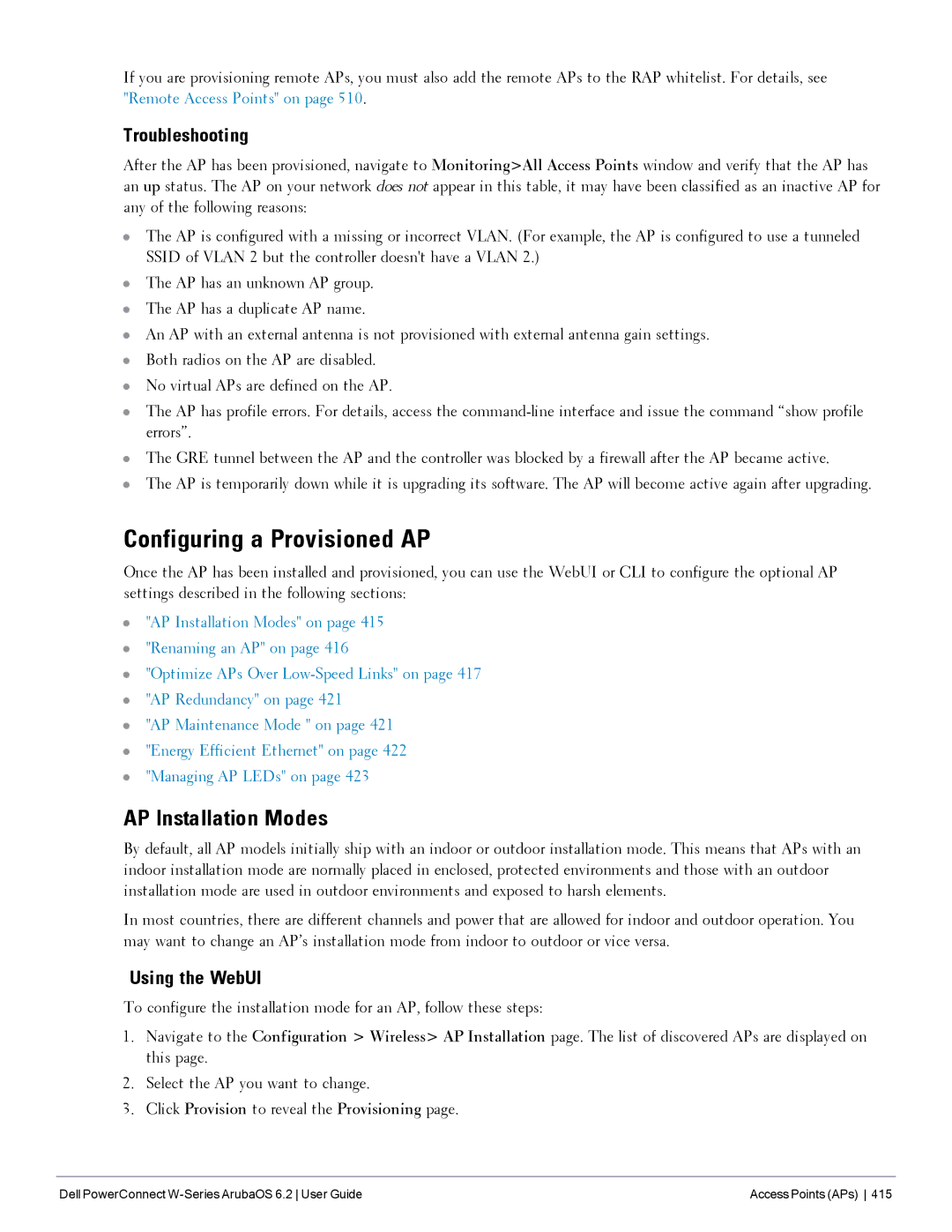 Dell 6.2 manual Configuring a Provisioned AP, AP Installation Modes, Troubleshooting 