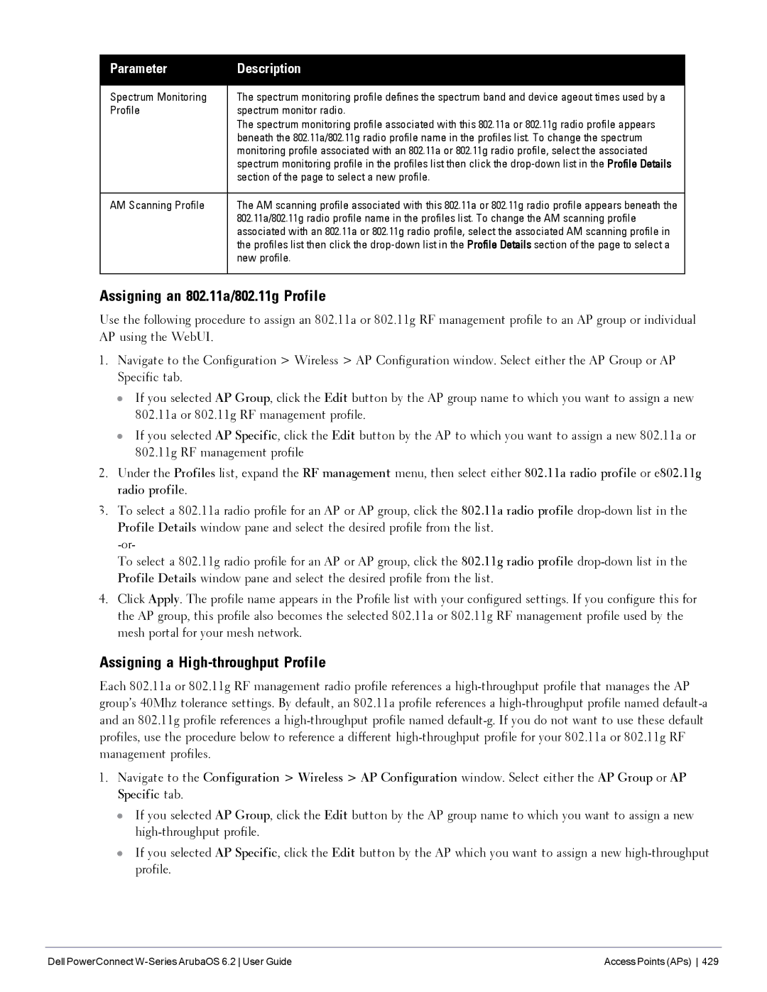 Dell 6.2 manual Assigning an 802.11a/802.11g Profile, Assigning a High-throughput Profile, Profile Spectrum monitor radio 