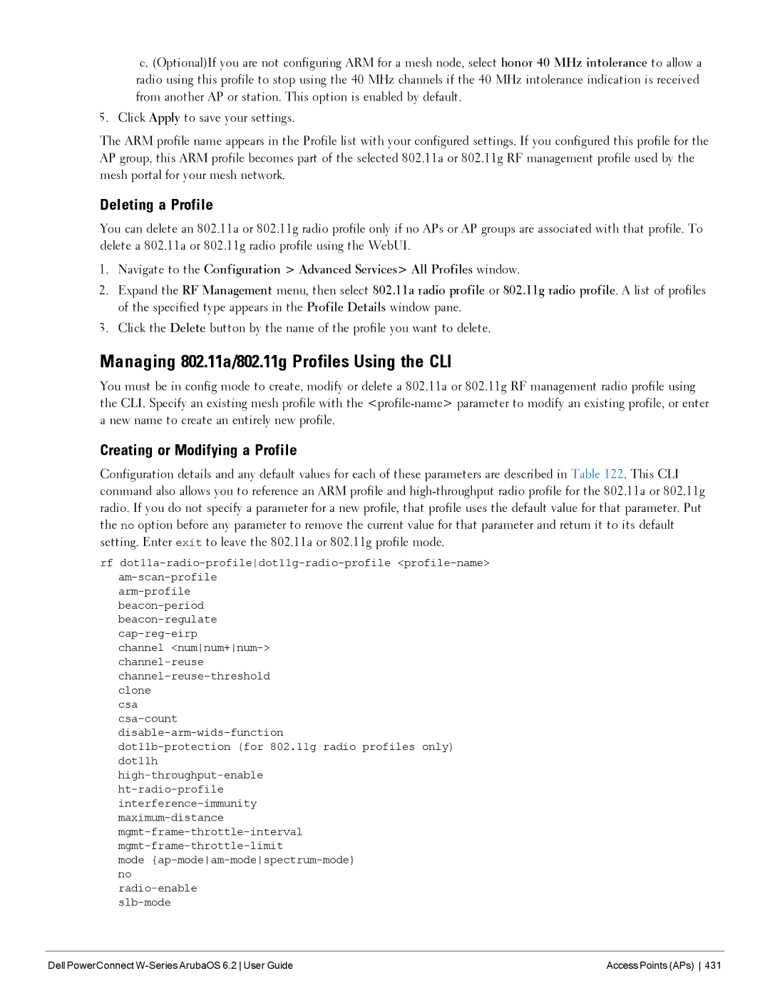 Dell 6.2 manual Managing 802.11a/802.11g Profiles Using the CLI, Deleting a Profile, Creating or Modifying a Profile 