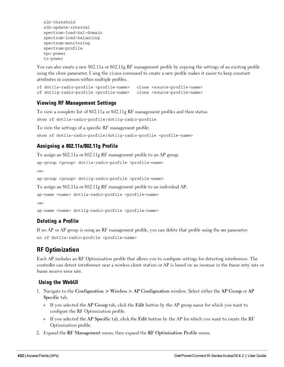 Dell 6.2 manual RF Optimization, Viewing RF Management Settings, Assigning a 802.11a/802.11g Profile 