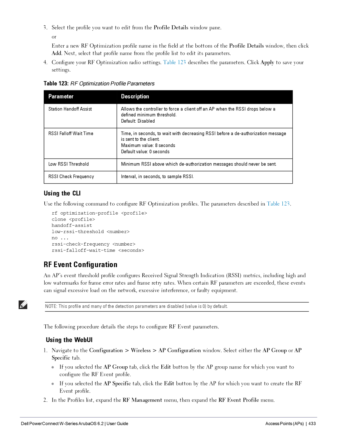 Dell 6.2 manual RF Event Configuration, Is sent to the client, Maximum value 8 seconds, Default value 0 seconds 