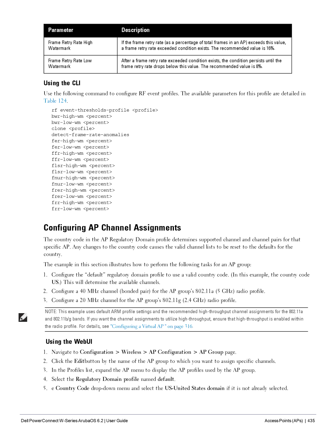 Dell 6.2 Configuring AP Channel Assignments, Select the Regulatory Domain profile named default, Frame Retry Rate High 