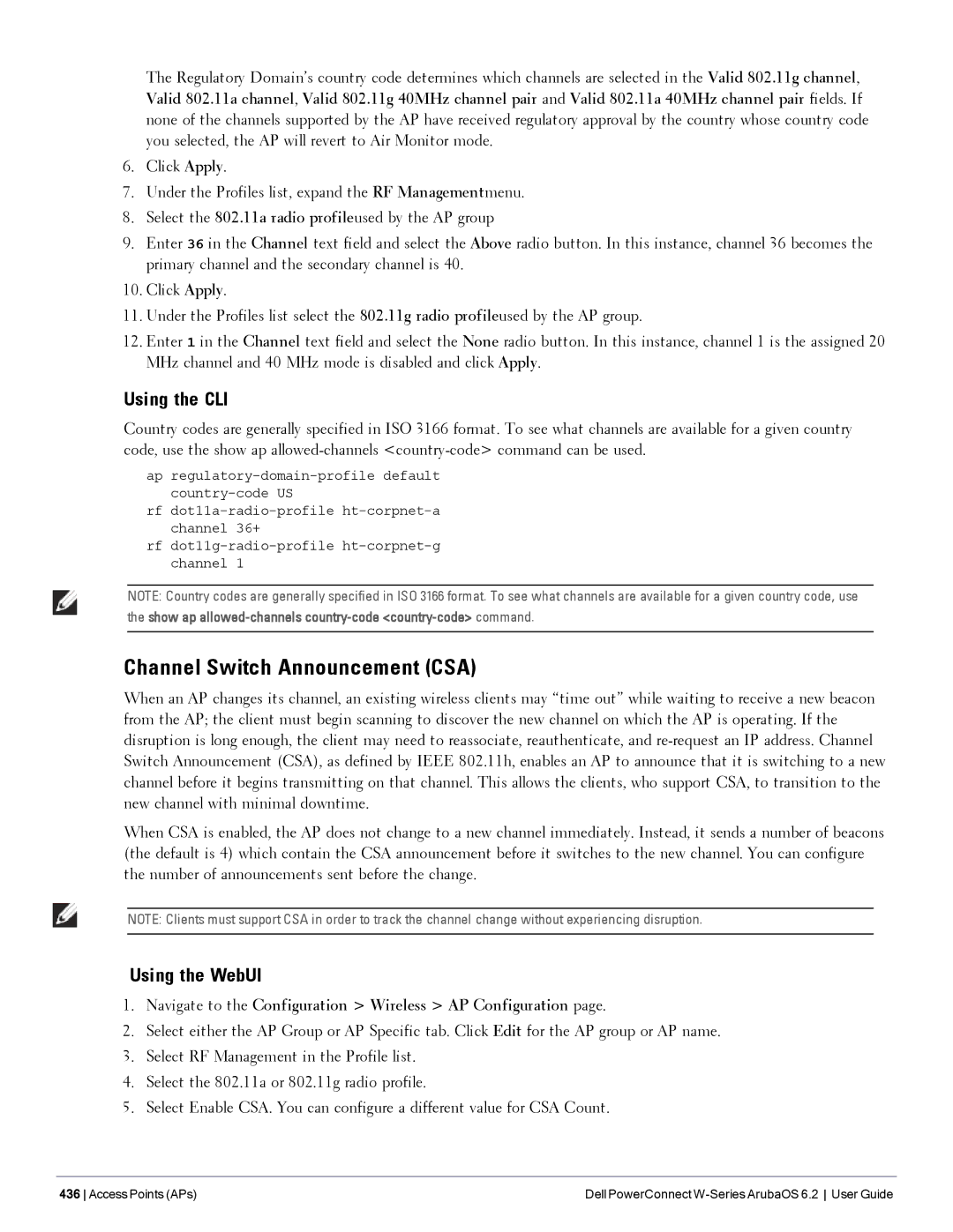 Dell 6.2 manual Channel Switch Announcement CSA, Navigate to the Configuration Wireless AP Configuration 