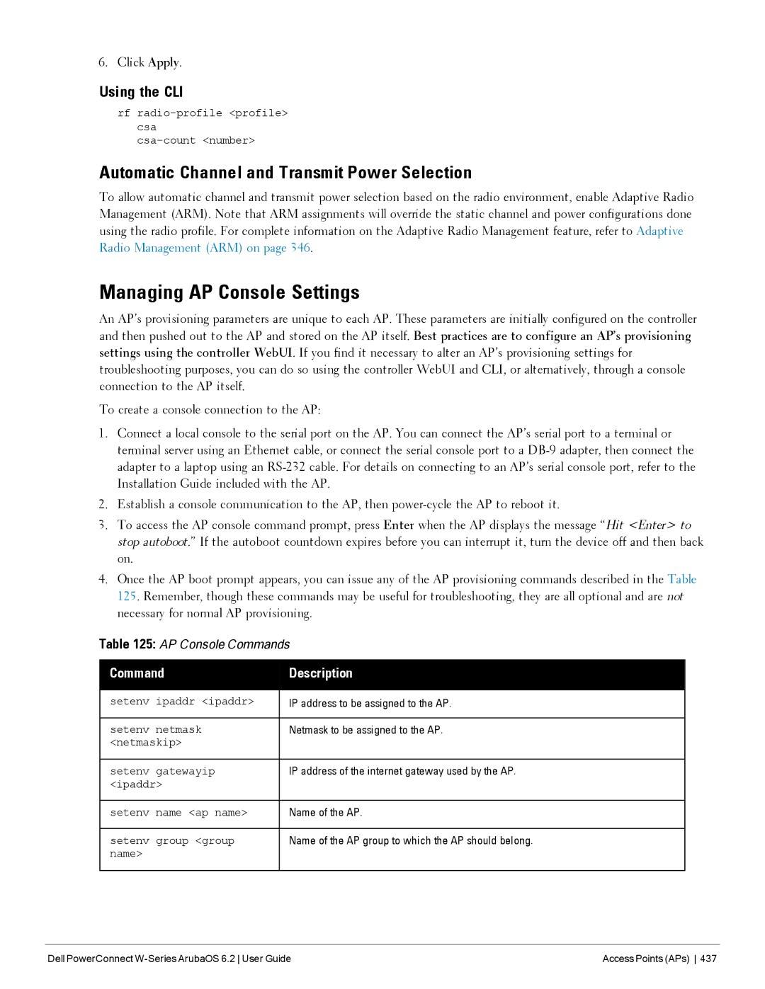 Dell 6.2 manual Managing AP Console Settings, Automatic Channel and Transmit Power Selection 