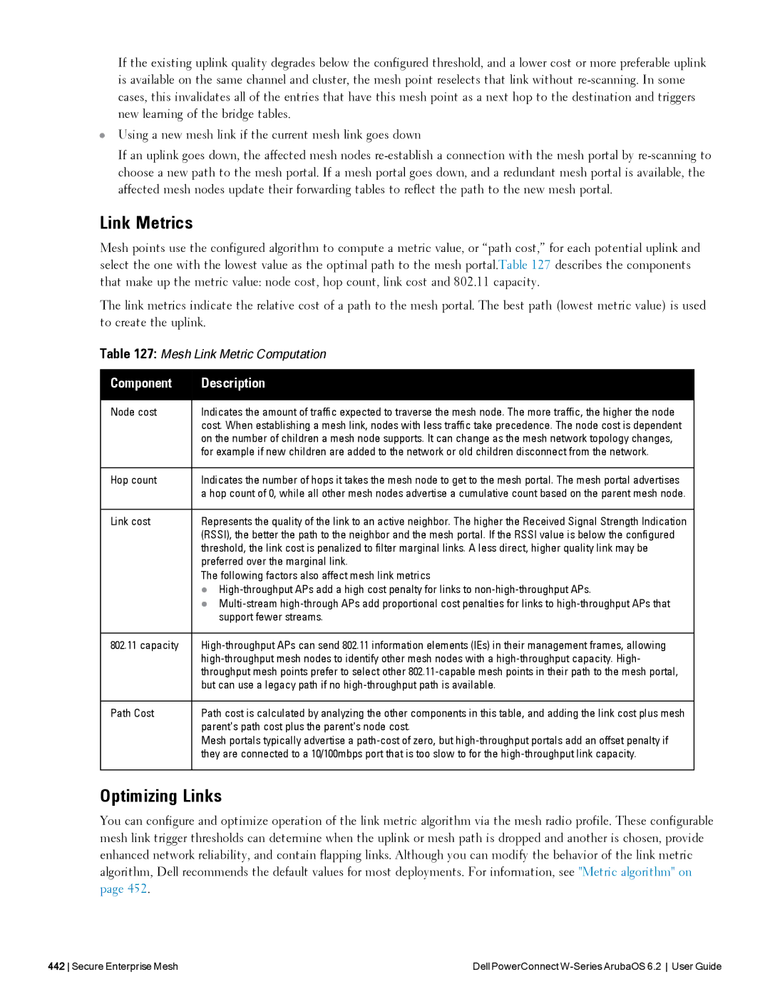 Dell 6.2 manual Link Metrics, Optimizing Links, Component Description 