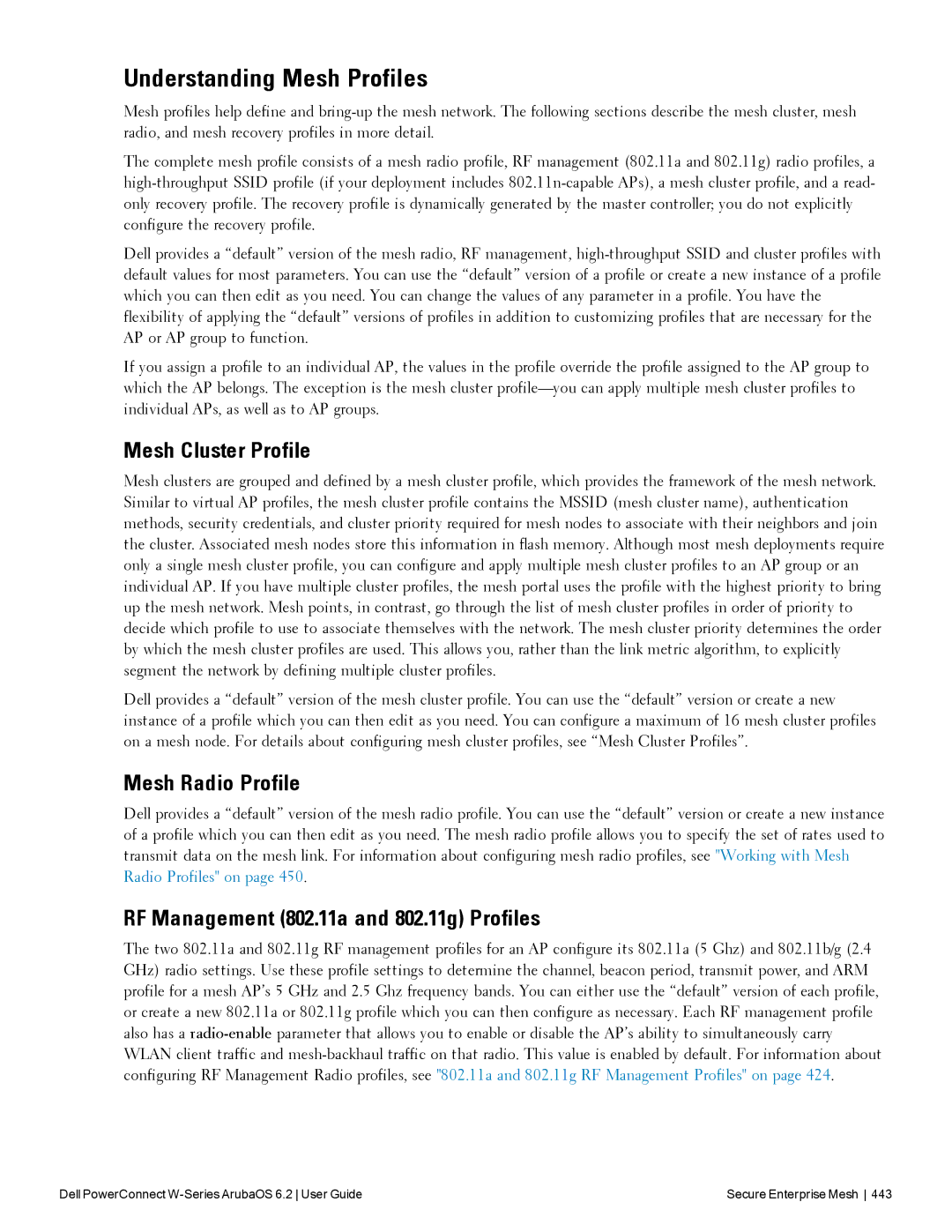 Dell 6.2 Understanding Mesh Profiles, Mesh Cluster Profile, Mesh Radio Profile, RF Management 802.11a and 802.11g Profiles 