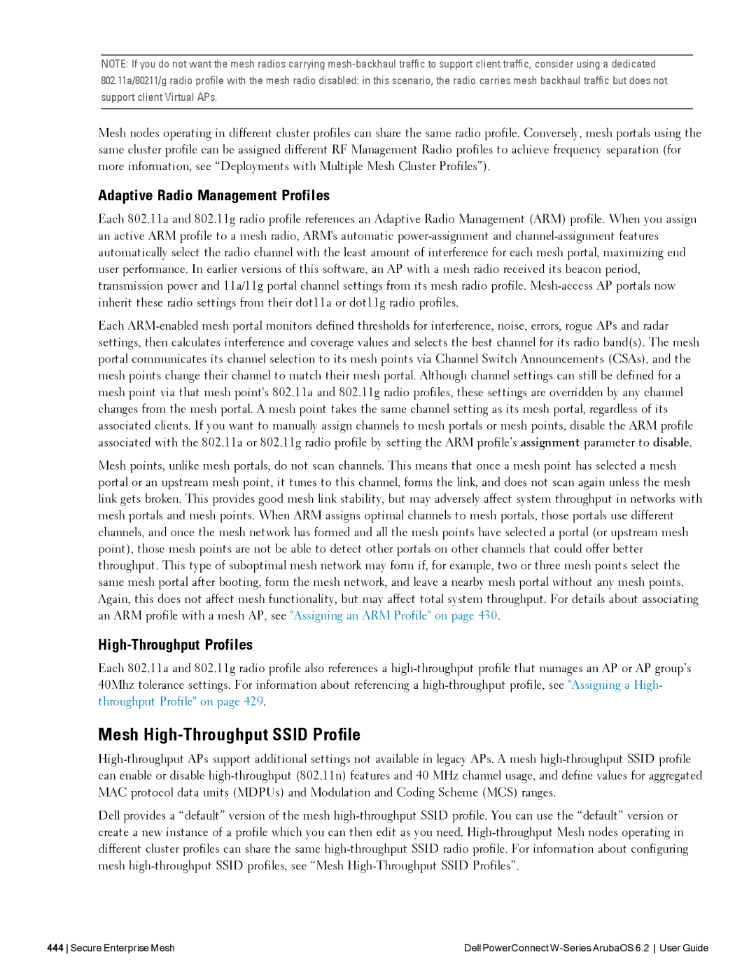 Dell 6.2 manual Mesh High-Throughput Ssid Profile, Adaptive Radio Management Profiles, High-Throughput Profiles 