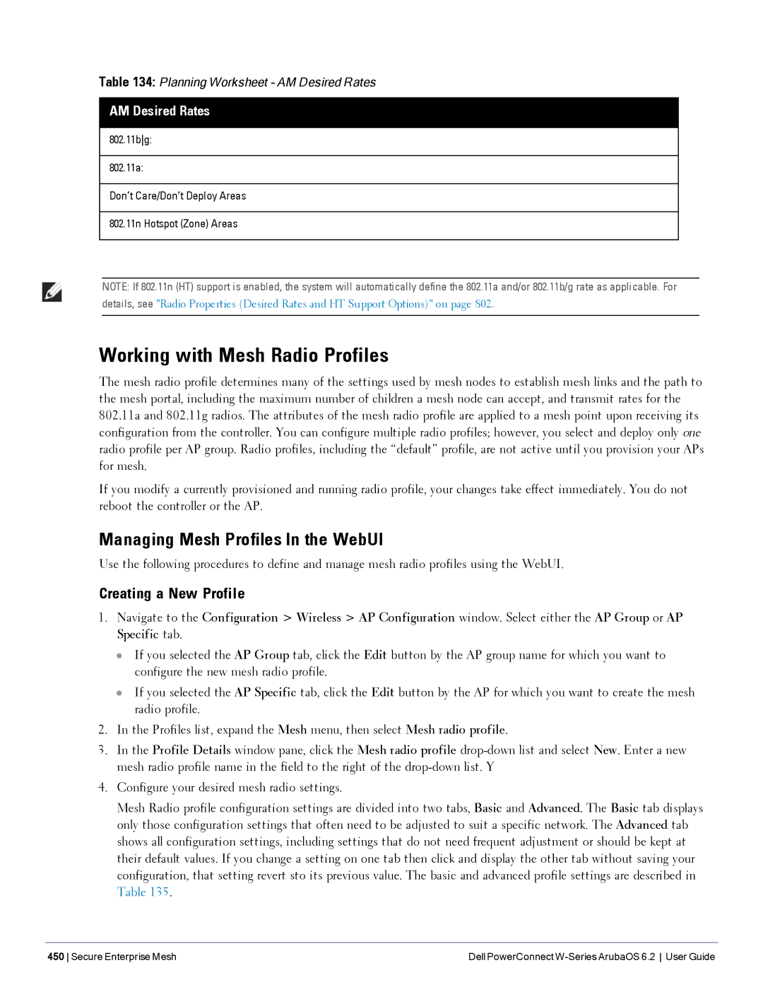 Dell 6.2 Working with Mesh Radio Profiles, Managing Mesh Profiles In the WebUI, Creating a New Profile, AM Desired Rates 