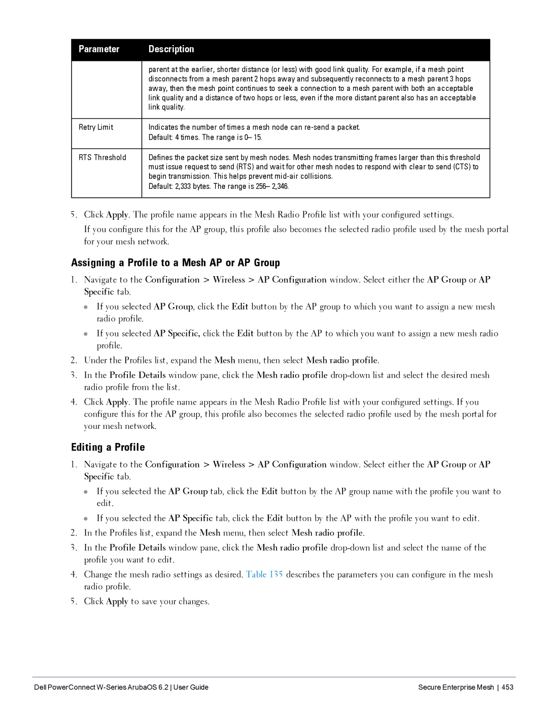 Dell 6.2 manual Assigning a Profile to a Mesh AP or AP Group, Editing a Profile, Link quality 