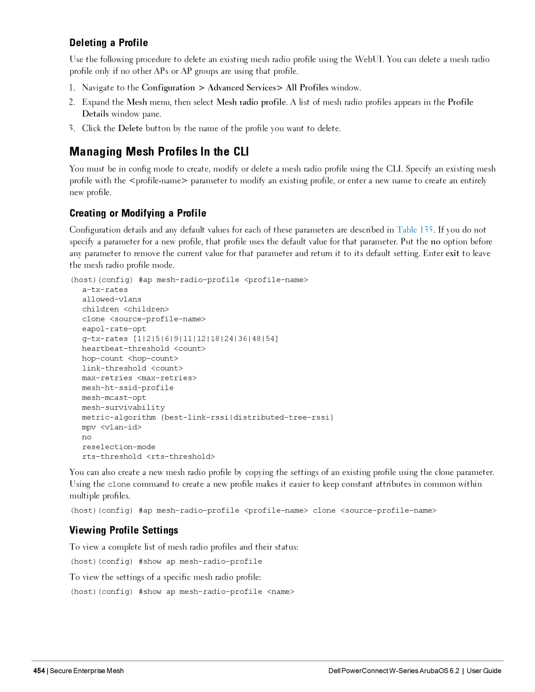 Dell 6.2 manual Managing Mesh Profiles In the CLI, Viewing Profile Settings 