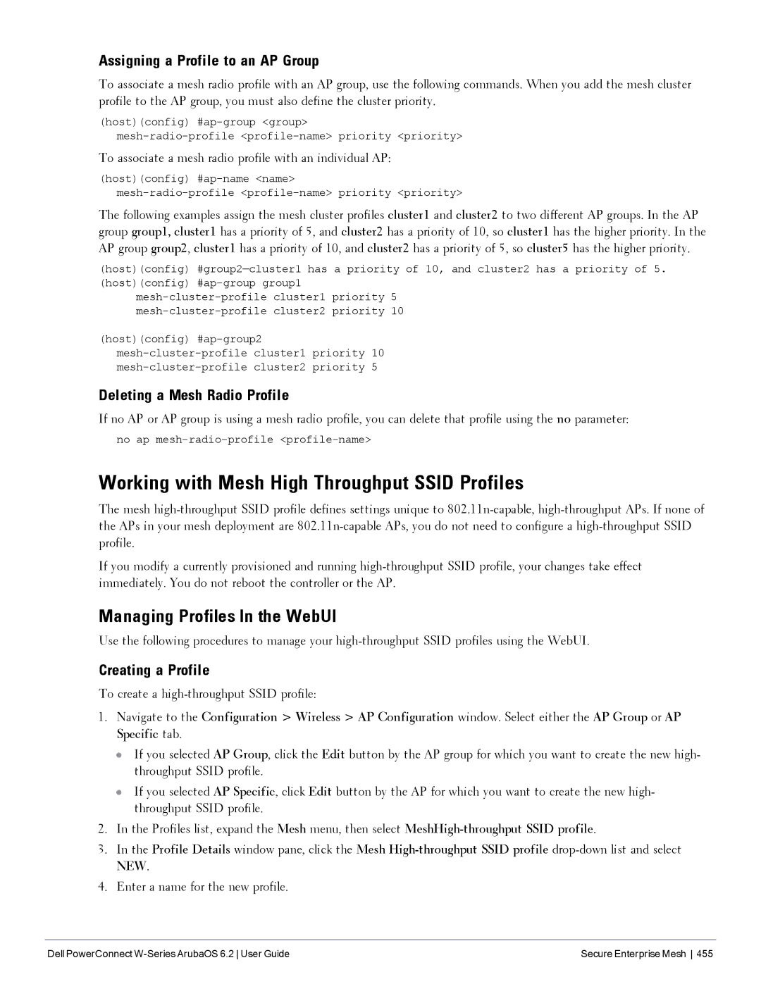 Dell 6.2 Working with Mesh High Throughput Ssid Profiles, Managing Profiles In the WebUI, Deleting a Mesh Radio Profile 