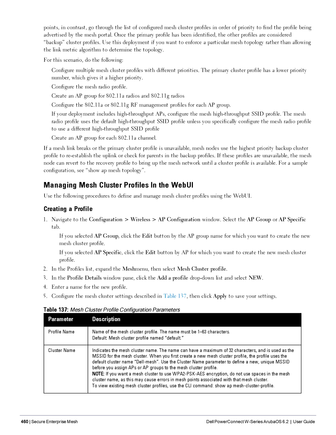 Dell 6.2 manual Managing Mesh Cluster Profiles In the WebUI, Creating a Profile 