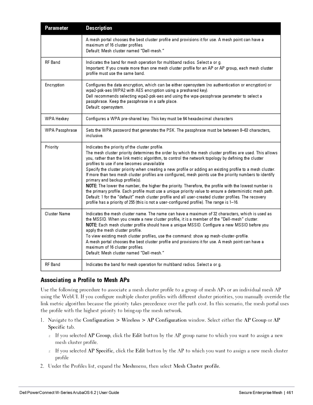 Dell 6.2 manual Associating a Profile to Mesh APs 