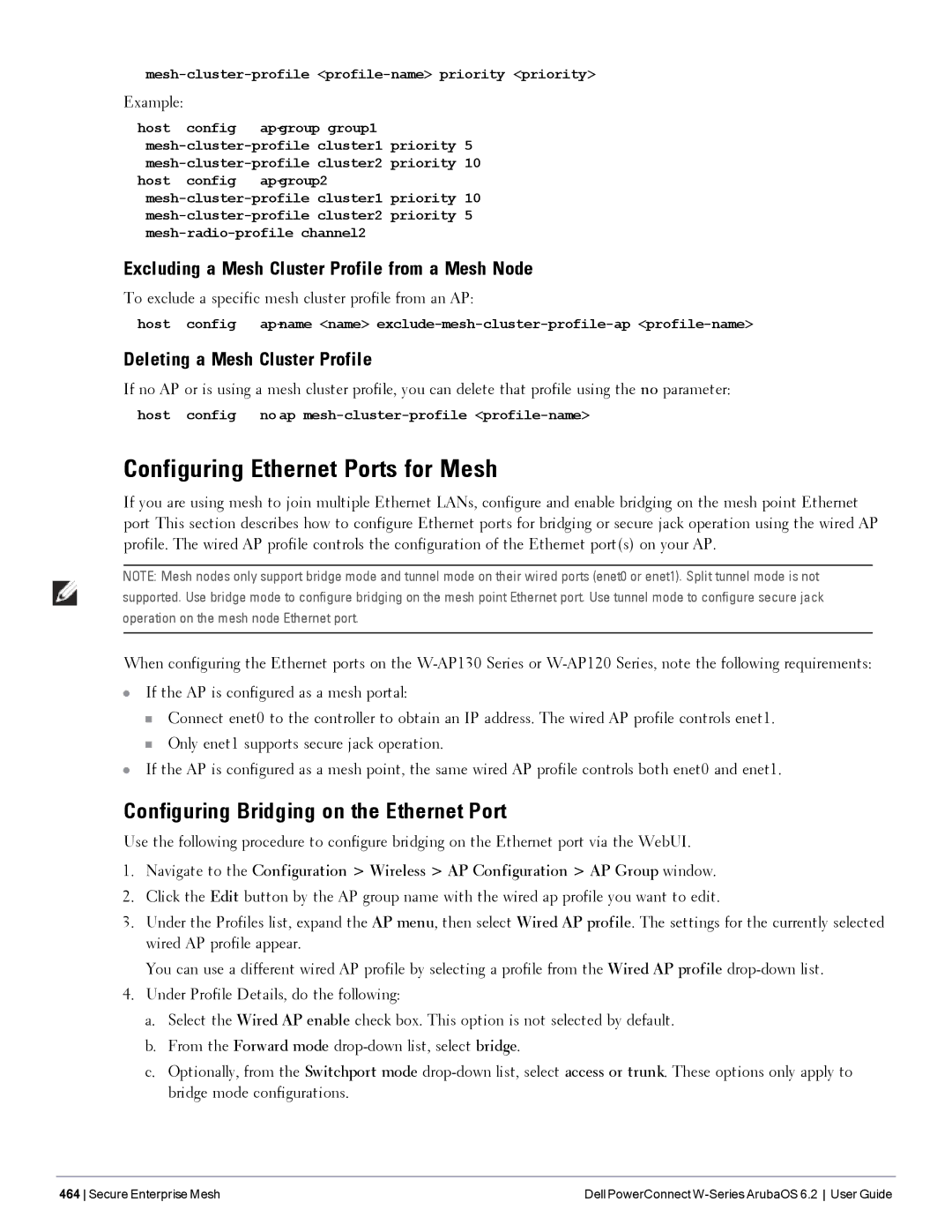 Dell 6.2 manual Configuring Ethernet Ports for Mesh, Configuring Bridging on the Ethernet Port 