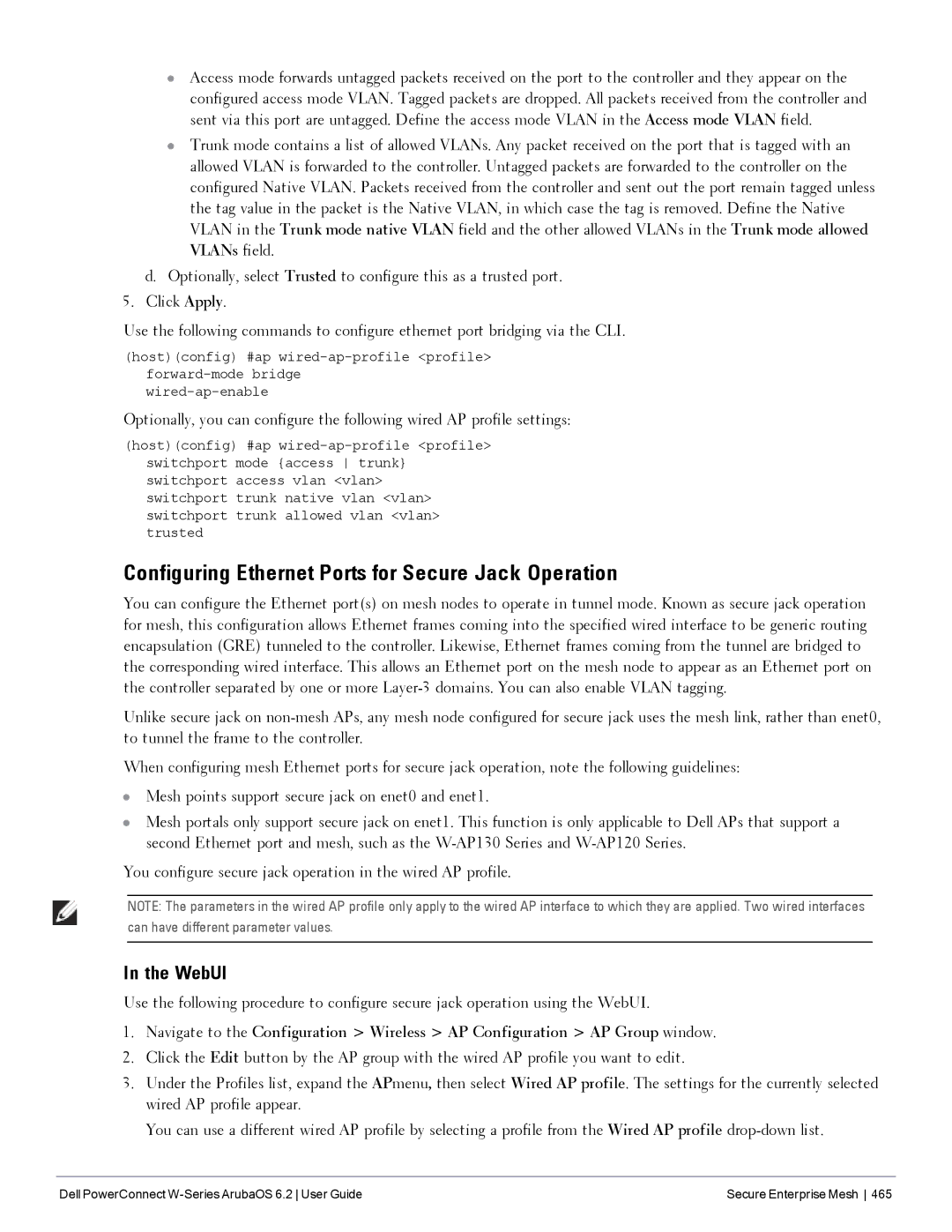 Dell 6.2 manual Configuring Ethernet Ports for Secure Jack Operation, WebUI 