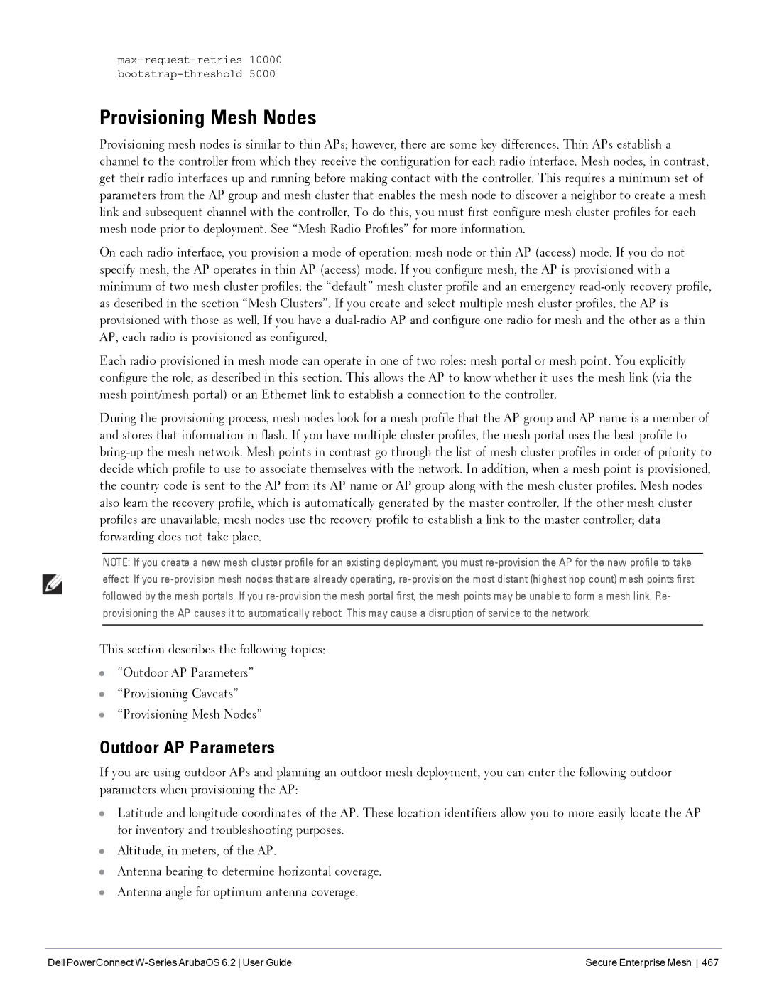 Dell 6.2 manual Provisioning Mesh Nodes, Outdoor AP Parameters 