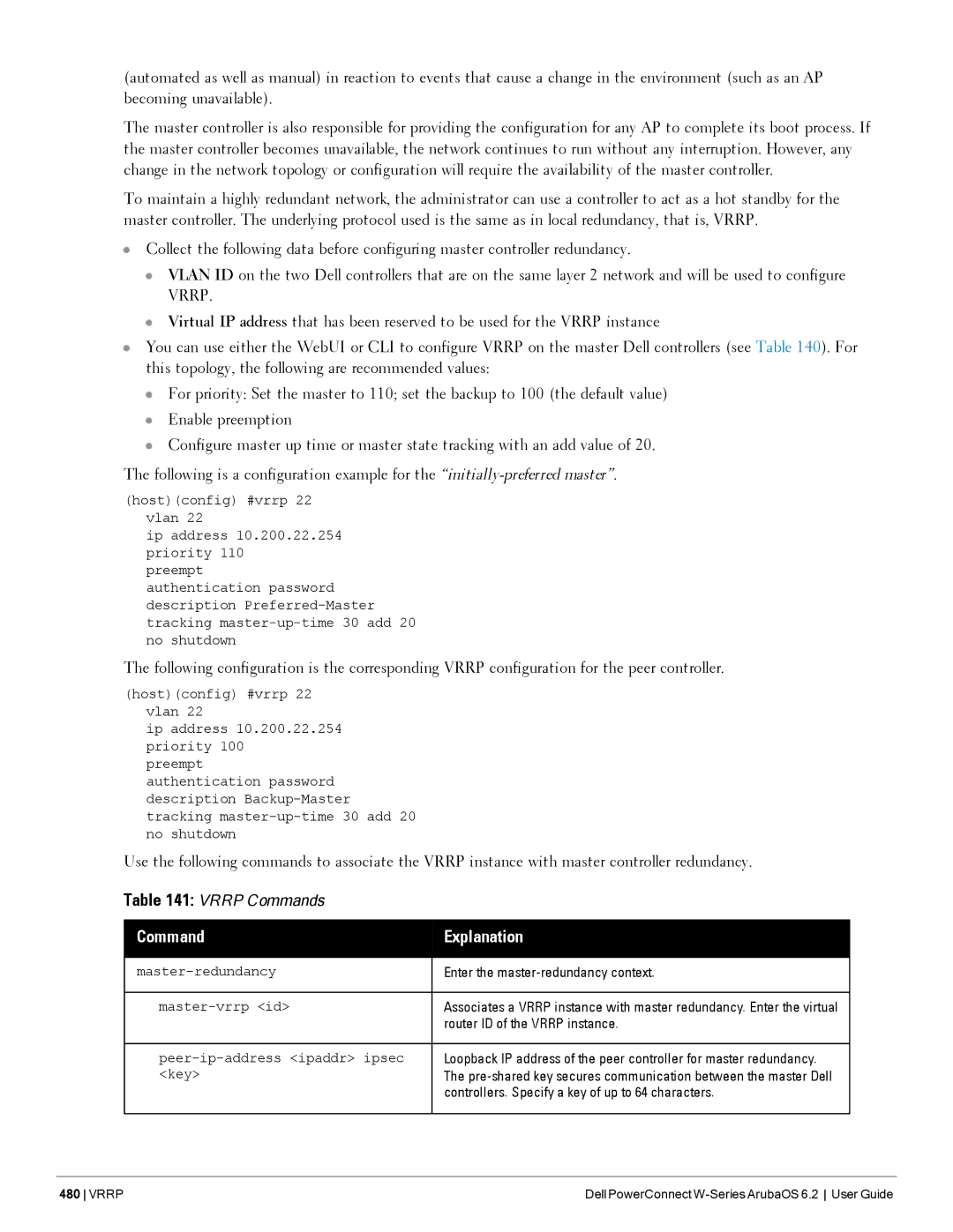 Dell 6.2 manual Command Explanation, Enter the master-redundancy context, Router ID of the Vrrp instance 