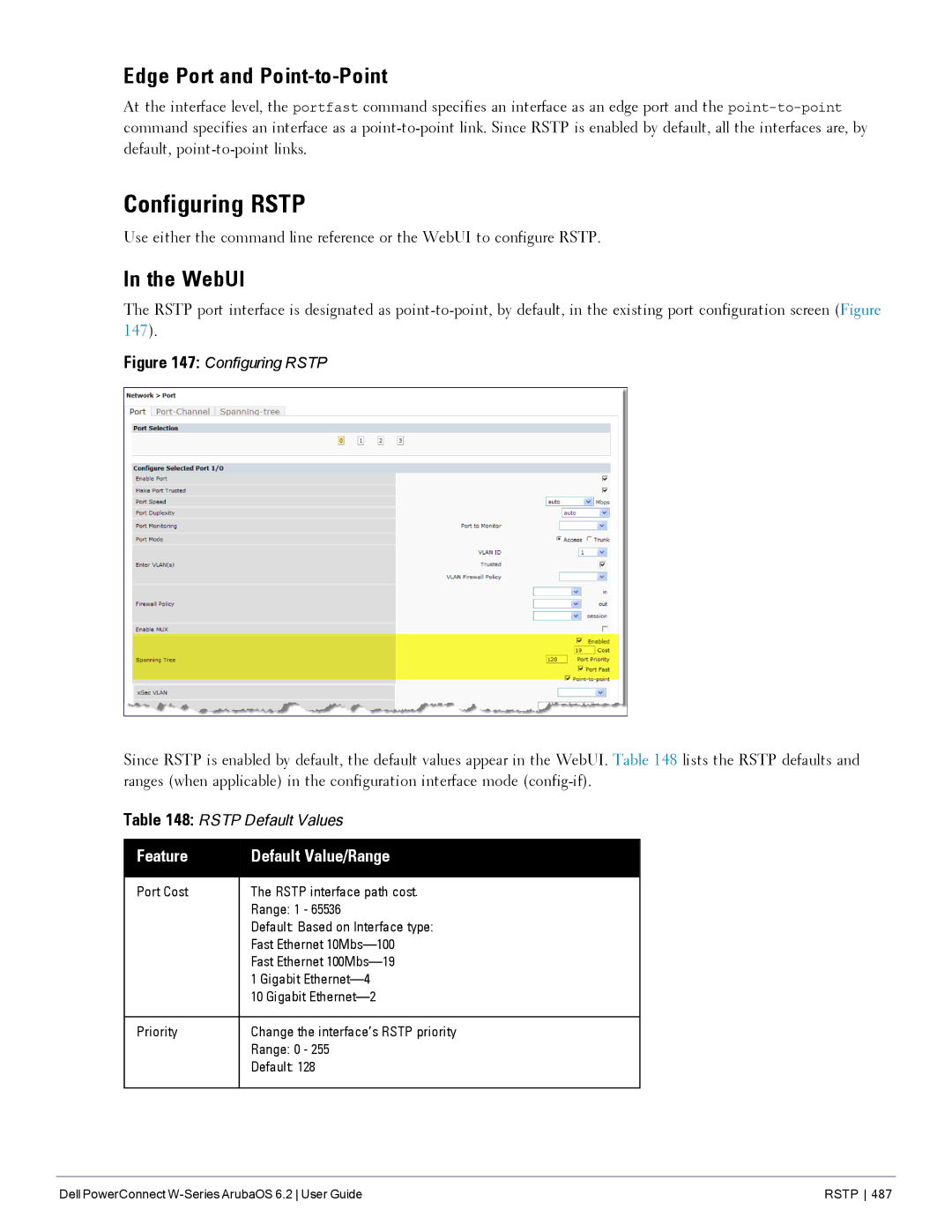 Dell 6.2 manual Configuring Rstp, Edge Port and Point-to-Point, Feature Default Value/Range 