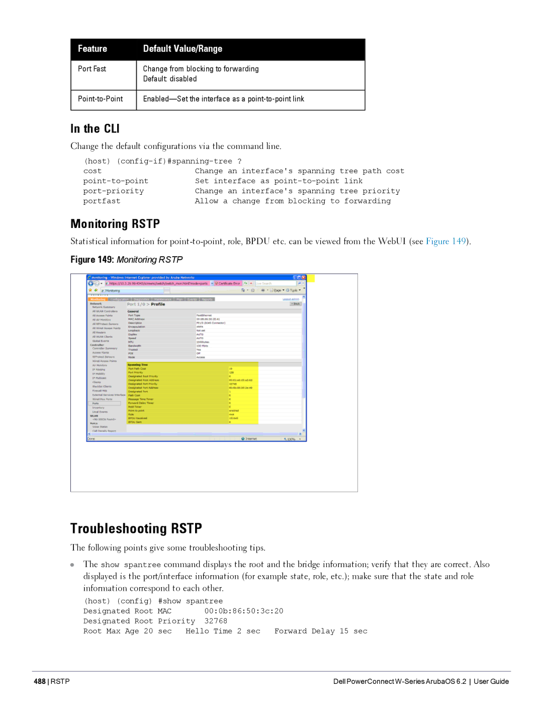 Dell 6.2 manual Troubleshooting Rstp, Monitoring Rstp, Change the default configurations via the command line, Port Fast 