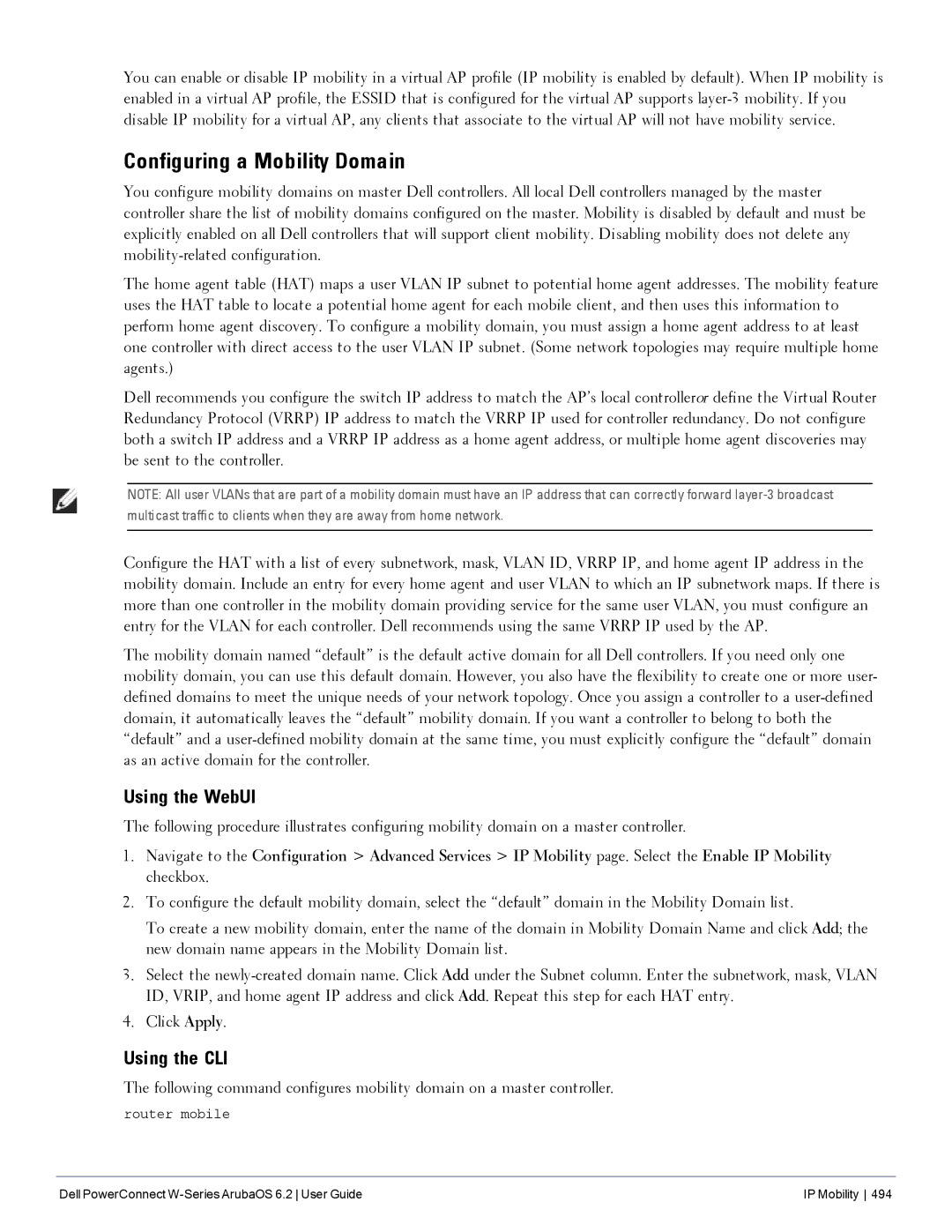 Dell 6.2 manual Configuring a Mobility Domain, Using the WebUI 