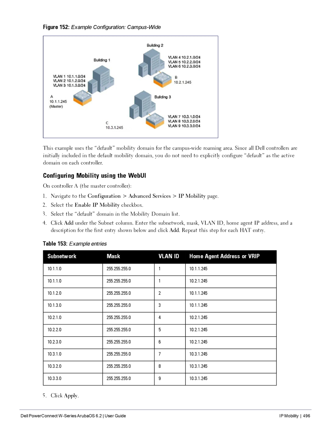 Dell 6.2 manual Configuring Mobility using the WebUI, Subnetwork Mask, Home Agent Address or Vrip 