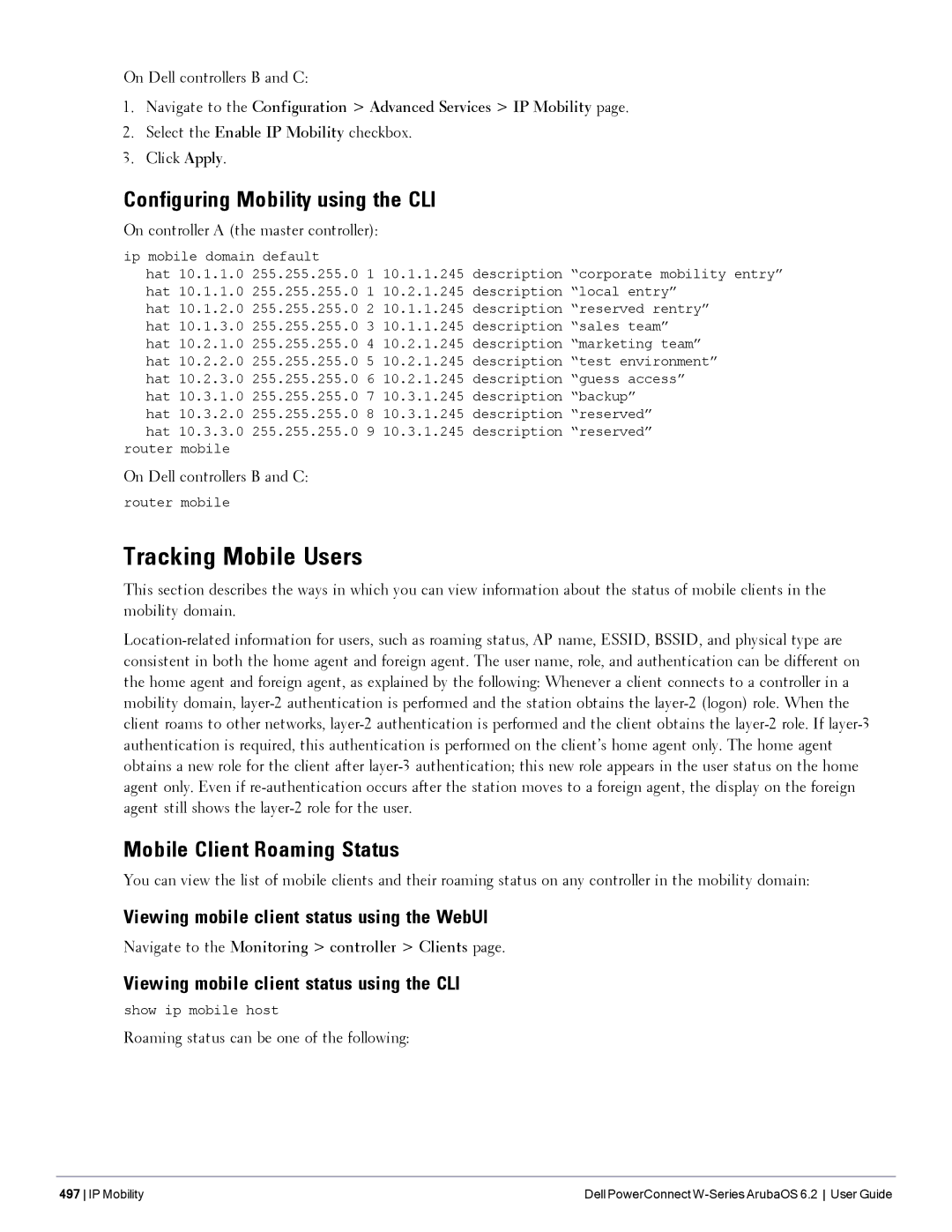 Dell 6.2 manual Tracking Mobile Users, Configuring Mobility using the CLI, Mobile Client Roaming Status 