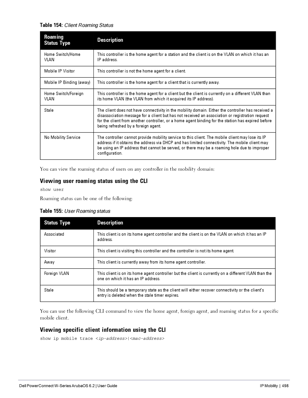 Dell 6.2 manual Viewing user roaming status using the CLI, Viewing specific client information using the CLI 