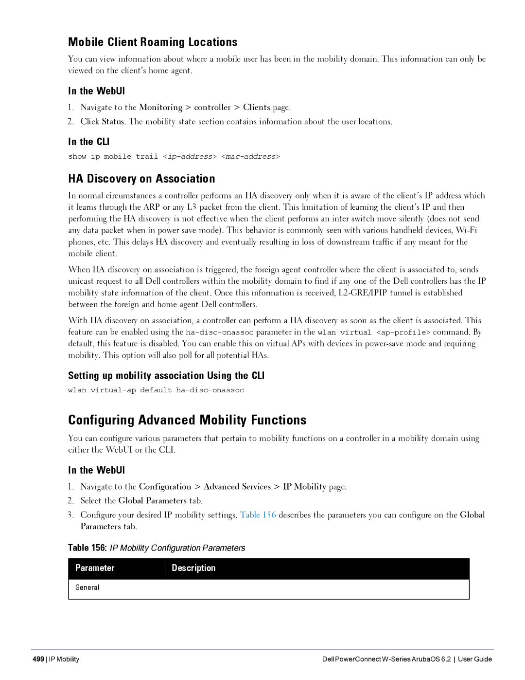 Dell 6.2 Configuring Advanced Mobility Functions, Mobile Client Roaming Locations, HA Discovery on Association, General 