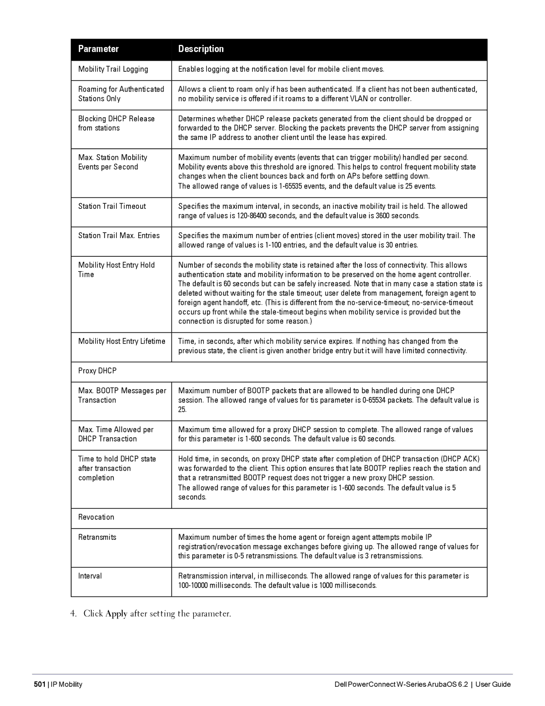 Dell 6.2 manual Click Apply after setting the parameter 