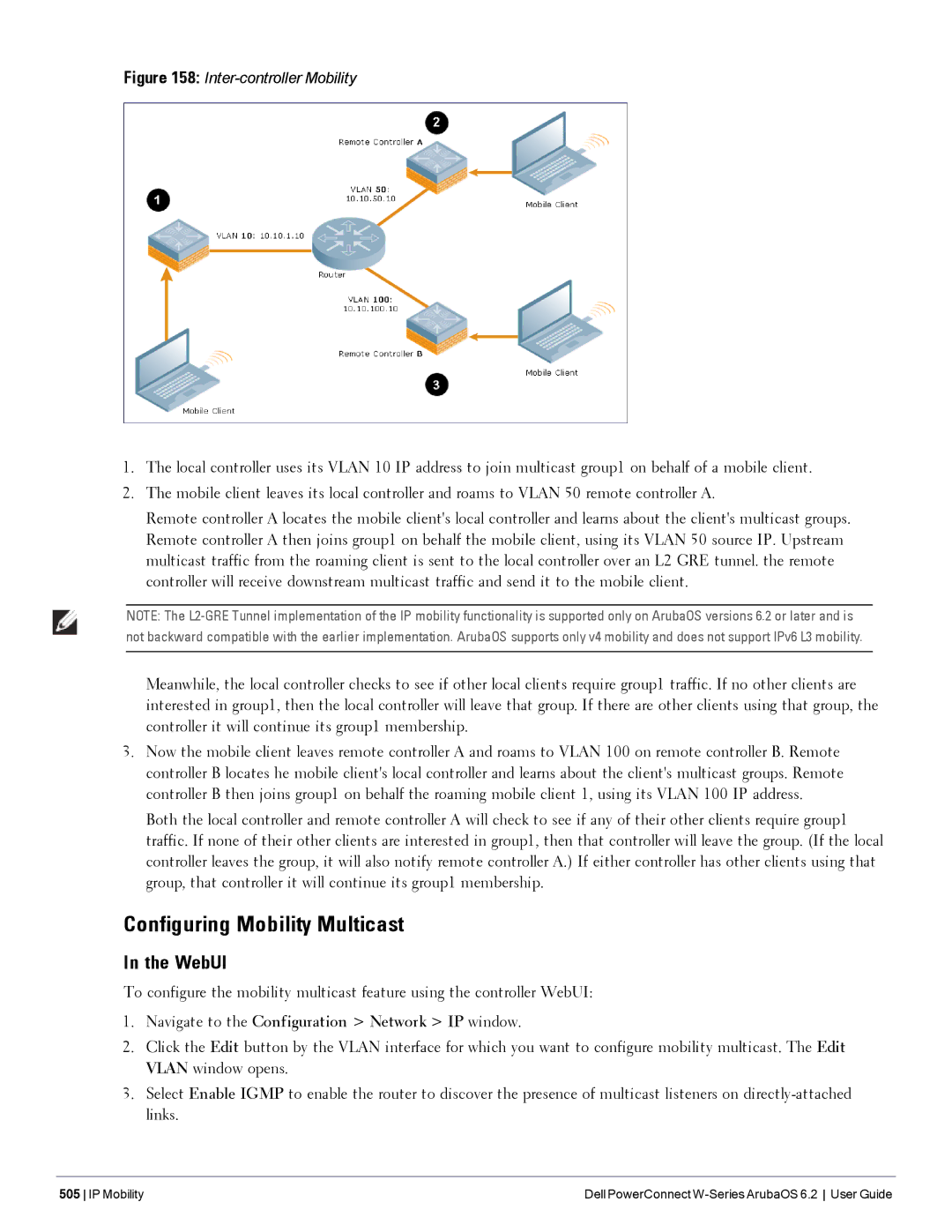 Dell 6.2 manual Configuring Mobility Multicast, Inter-controller Mobility 