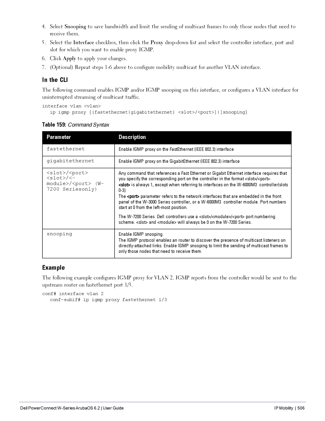 Dell 6.2 manual Example, Enable Igmp proxy on the FastEthernet Ieee 802.3 interface, Start at 0 from the left-most position 