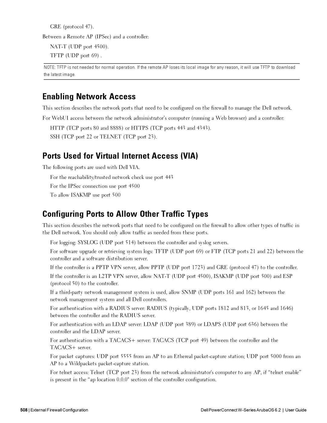 Dell 6.2 manual Enabling Network Access, Ports Used for Virtual Internet Access VIA 