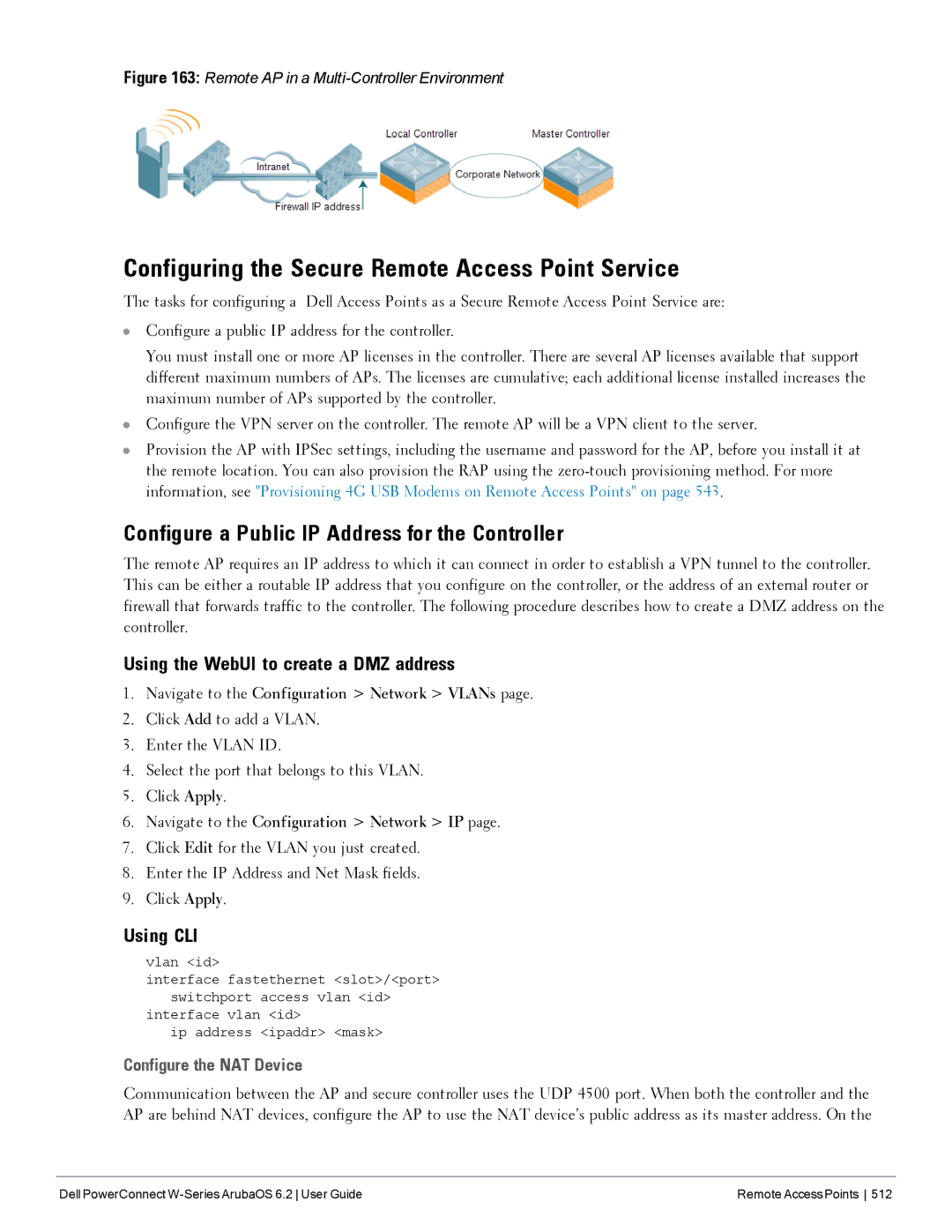 Dell 6.2 manual Configuring the Secure Remote Access Point Service, Configure a Public IP Address for the Controller 